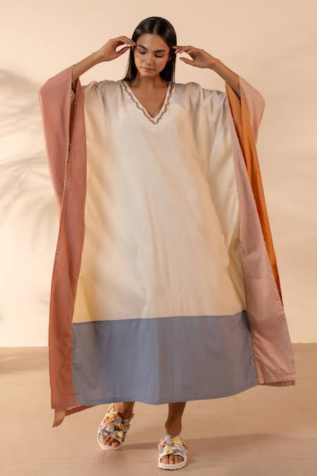 Ourdve_Beige Cotton Embroidery V-neck Peel Color Block Kaftan _at_Aza_Fashions
