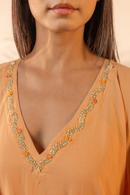 OurDve Orange Cotton Beads, Embroidery V-neck Peel V Colorblock Kaftan Online at Aza Fashions OurDve_Orange Cotton Beads, Embroidery V-neck Peel V Colorblock Kaftan _Online_at_Aza_Fashions