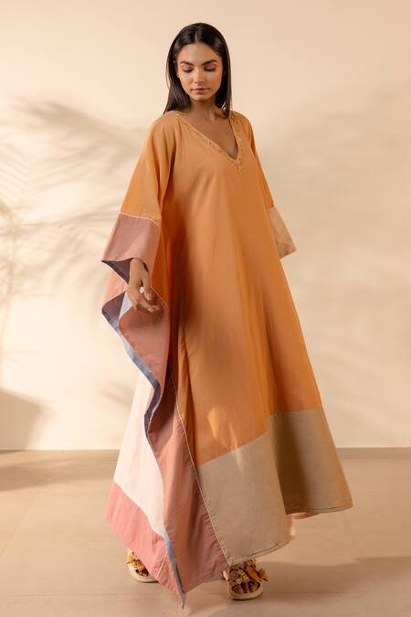 Shop OurDve Orange Cotton Beads, Embroidery V-neck Peel V Colorblock Kaftan Online at Aza Fashions Shop_OurDve_Orange Cotton Beads, Embroidery V-neck Peel V Colorblock Kaftan _Online_at_Aza_Fashions