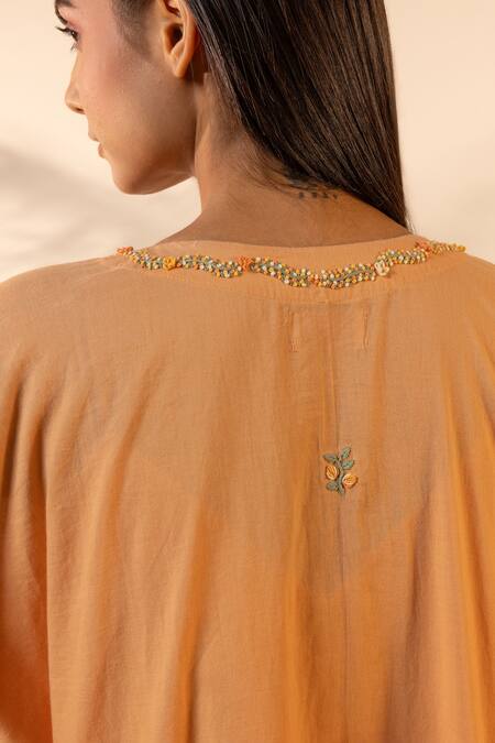 OurDve Orange Cotton Beads, Embroidery V-neck Peel V Colorblock Kaftan at Aza Fashions OurDve_Orange Cotton Beads, Embroidery V-neck Peel V Colorblock Kaftan _at_Aza_Fashions