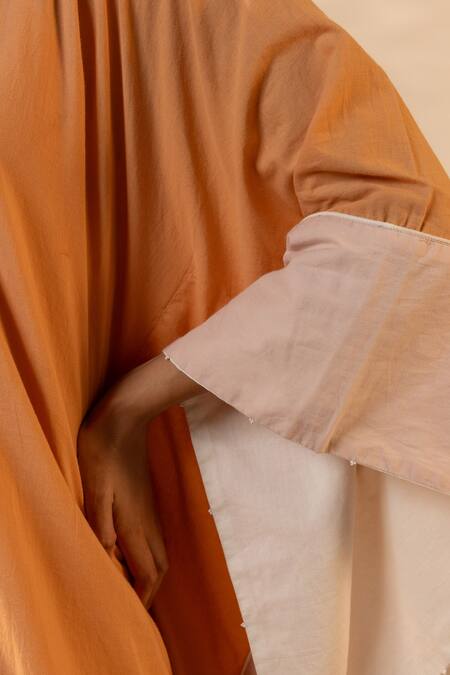 Buy OurDve Orange Cotton Beads, Embroidery V-neck Peel V Colorblock Kaftan Buy_OurDve_Orange Cotton Beads, Embroidery V-neck Peel V Colorblock Kaftan