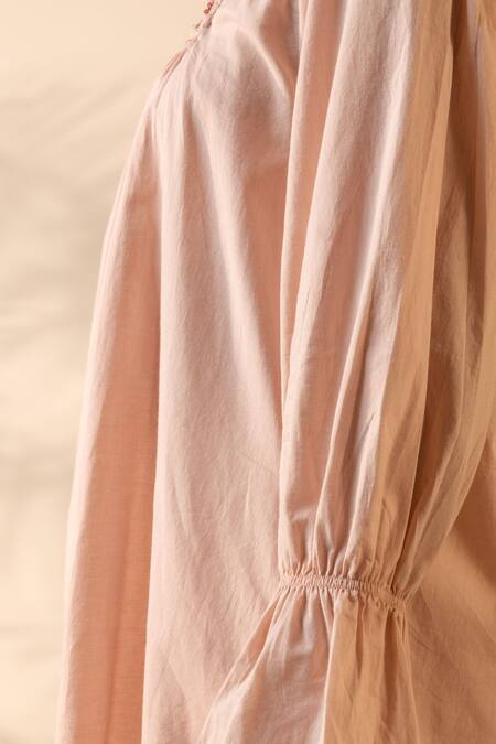 Ourdve_Pink Cotton Embroidery, Smocking Collared Zesty Smocked And Scallop Top _Online_at_Aza_Fashions