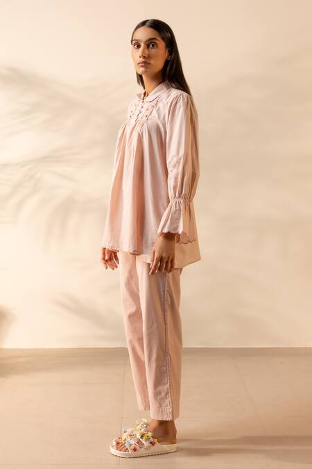 Buy_Ourdve_Pink Cotton Embroidery, Smocking Collared Zesty Smocked And Scallop Top _Online_at_Aza_Fashions