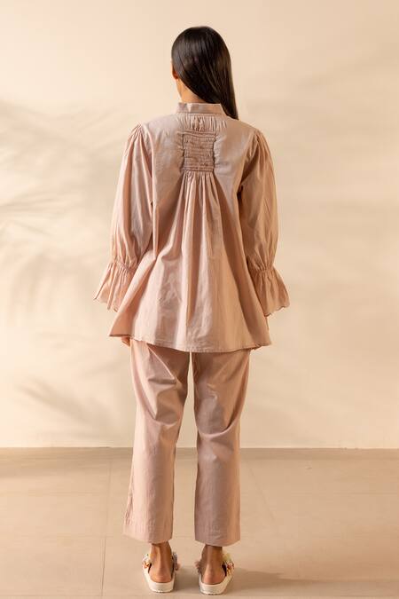 Shop_Ourdve_Pink Cotton Embroidery, Smocking Collared Zesty Smocked And Scallop Top _Online_at_Aza_Fashions