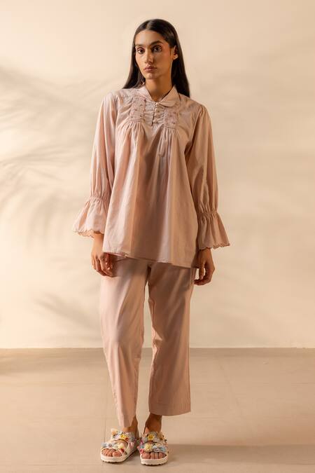 Ourdve_Pink Cotton Embroidery, Smocking Collared Zesty Smocked And Scallop Top _at_Aza_Fashions