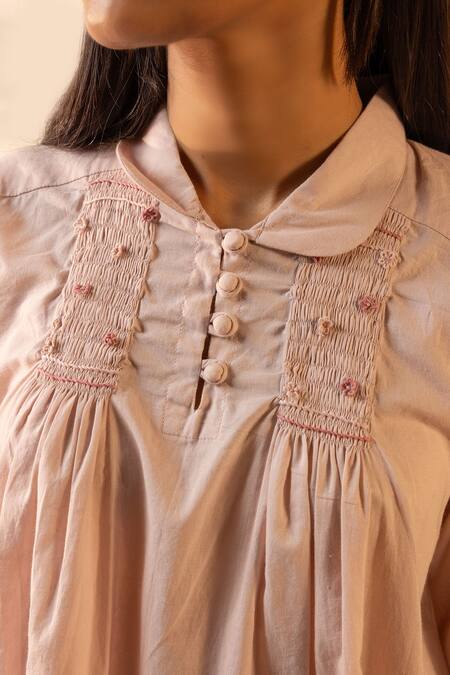 Buy_Ourdve_Pink Cotton Embroidery, Smocking Collared Zesty Smocked And Scallop Top 