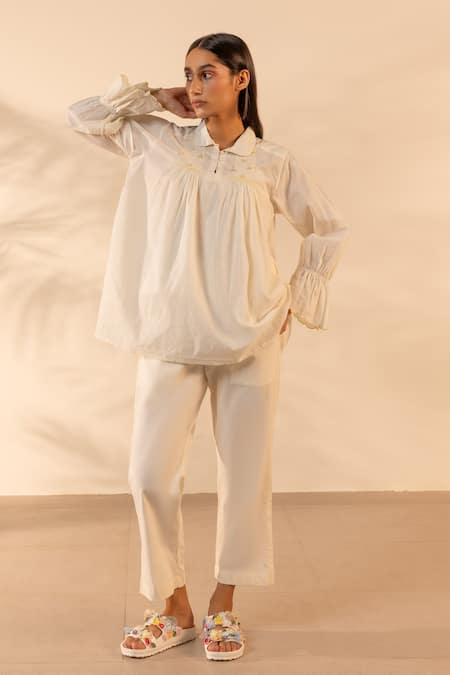 Ourdve_Beige Cotton Embroidery Collared Zesty Smocked And Scalloped Top _Online_at_Aza_Fashions