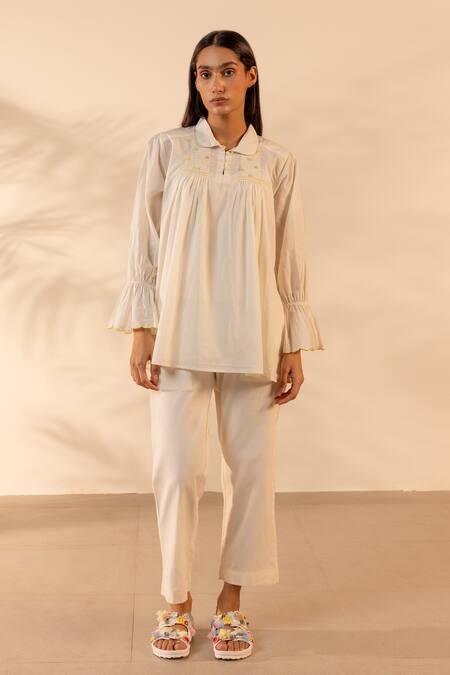 Buy_Ourdve_Beige Cotton Embroidery Collared Zesty Smocked And Scalloped Top _Online_at_Aza_Fashions