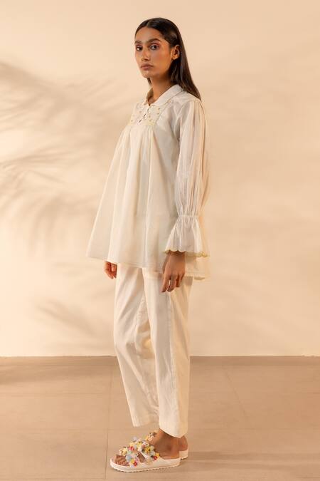 Shop_Ourdve_Beige Cotton Embroidery Collared Zesty Smocked And Scalloped Top _Online_at_Aza_Fashions