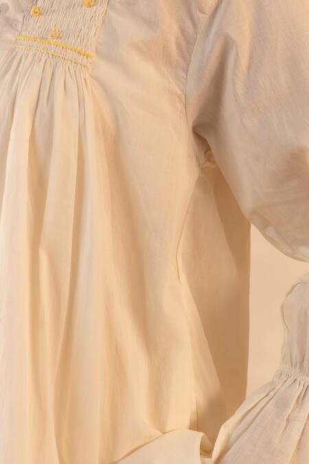 Ourdve_Beige Cotton Embroidery Collared Zesty Smocked And Scalloped Top _at_Aza_Fashions