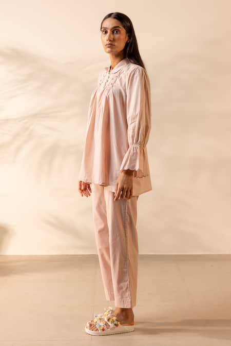 Ourdve_Pink Cotton Embroidery, Smocking Collared Zesty And Scallop Detail Top With Pant _Online_at_Aza_Fashions