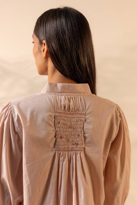 Buy_Ourdve_Pink Cotton Embroidery, Smocking Collared Zesty And Scallop Detail Top With Pant _Online_at_Aza_Fashions