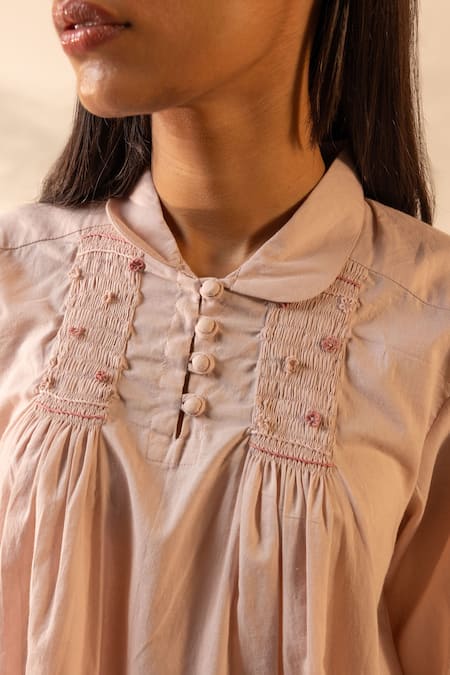Shop_Ourdve_Pink Cotton Embroidery, Smocking Collared Zesty And Scallop Detail Top With Pant _Online_at_Aza_Fashions