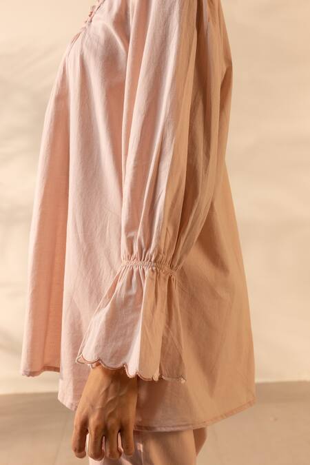Ourdve_Pink Cotton Embroidery, Smocking Collared Zesty And Scallop Detail Top With Pant _at_Aza_Fashions