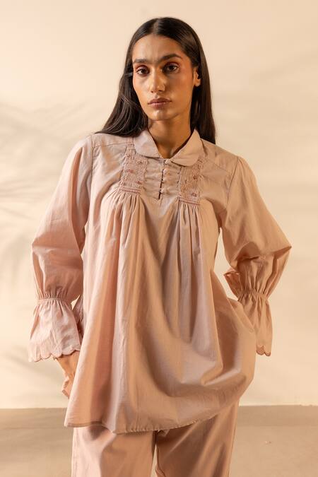 Buy_Ourdve_Pink Cotton Embroidery, Smocking Collared Zesty And Scallop Detail Top With Pant 