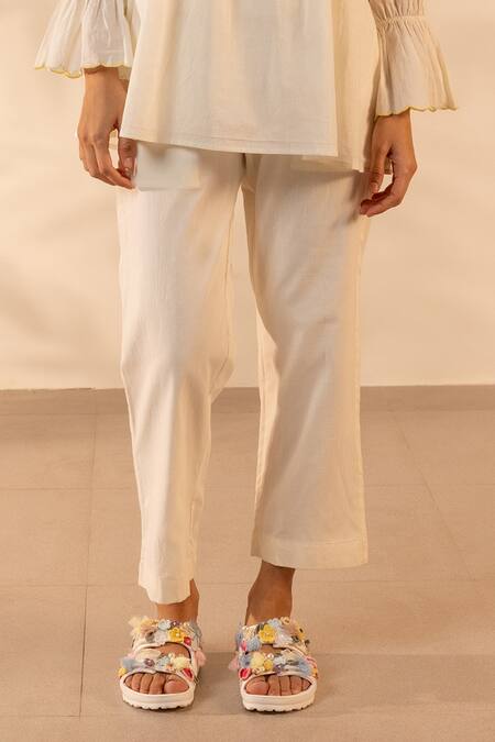 Ourdve_Beige Cotton Embroidery Collared Zesty Gathered Top And Pant Set _Online_at_Aza_Fashions