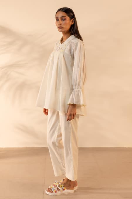 Buy_Ourdve_Beige Cotton Embroidery Collared Zesty Gathered Top And Pant Set _Online_at_Aza_Fashions