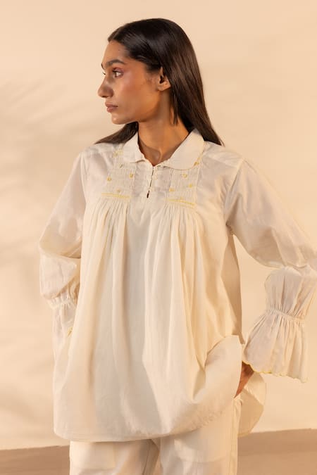 Shop_Ourdve_Beige Cotton Embroidery Collared Zesty Gathered Top And Pant Set _Online_at_Aza_Fashions