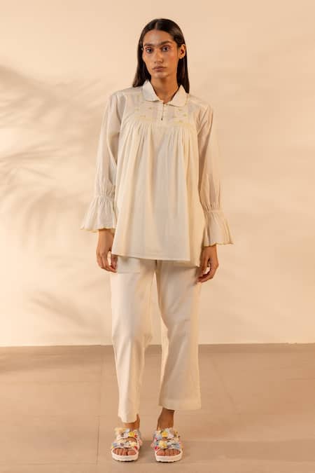 Ourdve_Beige Cotton Embroidery Collared Zesty Gathered Top And Pant Set _at_Aza_Fashions