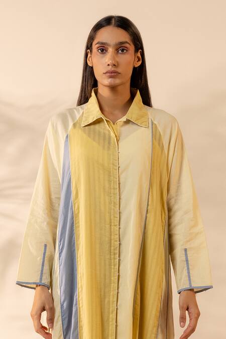 Ourdve_Blue Cotton Beads, Embroidery Collared Mango Striped And Panelled Shirt Dress _Online_at_Aza_Fashions