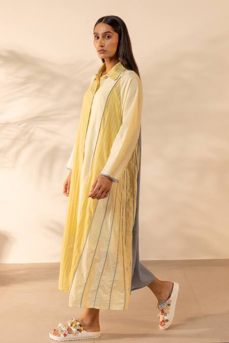 Buy_Ourdve_Blue Cotton Beads, Embroidery Collared Mango Striped And Panelled Shirt Dress _Online_at_Aza_Fashions