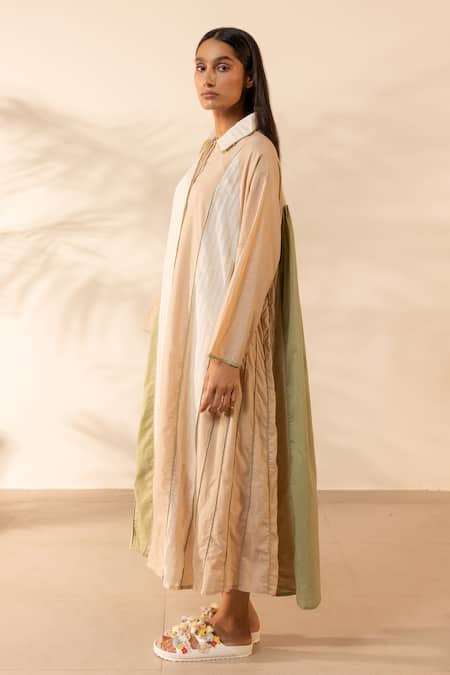 Buy_Ourdve_Beige Cotton Embroidery Collared Mango Panelled Shirt Dress _Online_at_Aza_Fashions