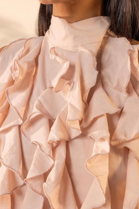 Ourdve_Pink Cotton Ruffles, Beads High Neck Sunny Side Sleeveless Dress _Online_at_Aza_Fashions