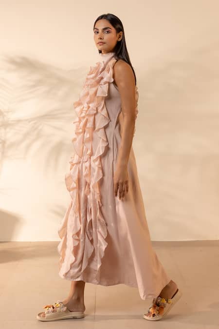 Buy_Ourdve_Pink Cotton Ruffles, Beads High Neck Sunny Side Sleeveless Dress _Online_at_Aza_Fashions