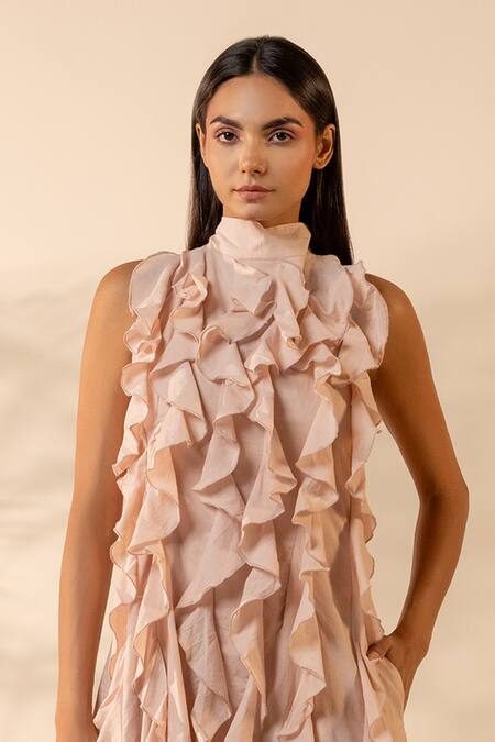 Shop_Ourdve_Pink Cotton Ruffles, Beads High Neck Sunny Side Sleeveless Dress _Online_at_Aza_Fashions