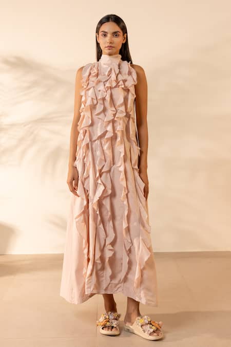 Ourdve_Pink Cotton Ruffles, Beads High Neck Sunny Side Sleeveless Dress _at_Aza_Fashions