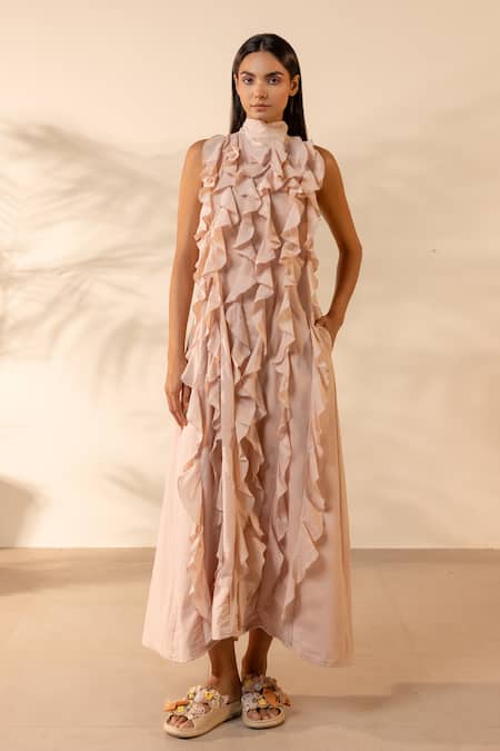 Ourdve Sunny Side Ruffled Sleeveless High Neck Dress 