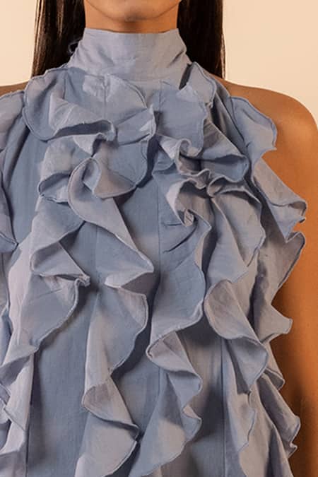 Ourdve_Blue Cotton Ruffles, Beads Halter Neck Sunny Side Midi Dress _Online_at_Aza_Fashions