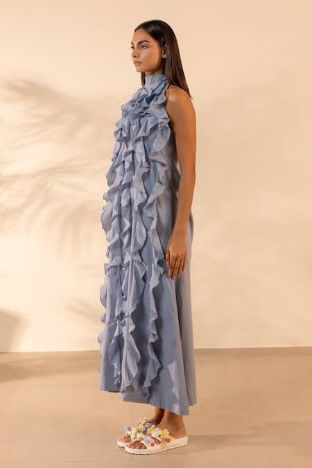 Buy_Ourdve_Blue Cotton Ruffles, Beads Halter Neck Sunny Side Midi Dress _Online_at_Aza_Fashions