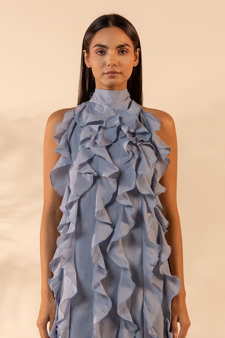 Shop_Ourdve_Blue Cotton Ruffles, Beads Halter Neck Sunny Side Midi Dress _Online_at_Aza_Fashions