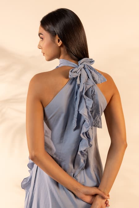 Ourdve_Blue Cotton Ruffles, Beads Halter Neck Sunny Side Midi Dress _at_Aza_Fashions