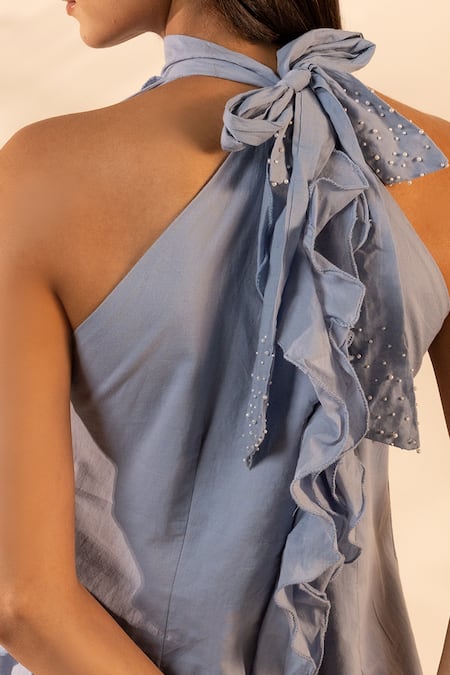 Buy_Ourdve_Blue Cotton Ruffles, Beads Halter Neck Sunny Side Midi Dress 