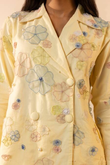 Ourdve_Yellow Cotton Embroidery, Pearls Lush Floral Applique Double Breasted Jacket _at_Aza_Fashions
