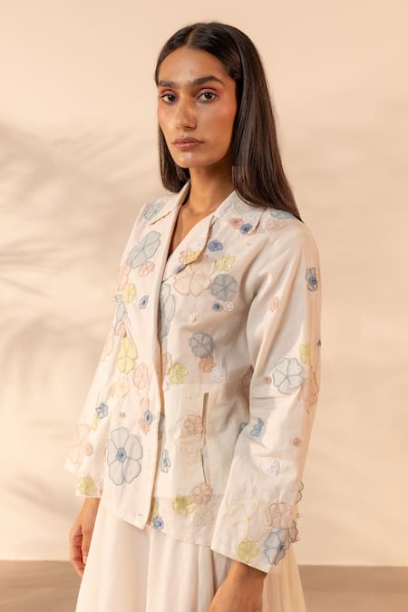Ourdve_Off White Cotton Embroidery, Pearls Lush Floral Applique Double Breasted Jacket _Online_at_Aza_Fashions