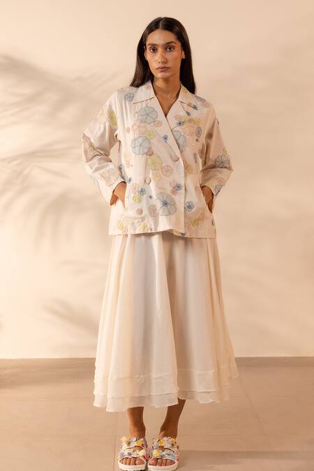 Shop_Ourdve_Off White Cotton Embroidery, Pearls Lush Floral Applique Double Breasted Jacket _Online_at_Aza_Fashions