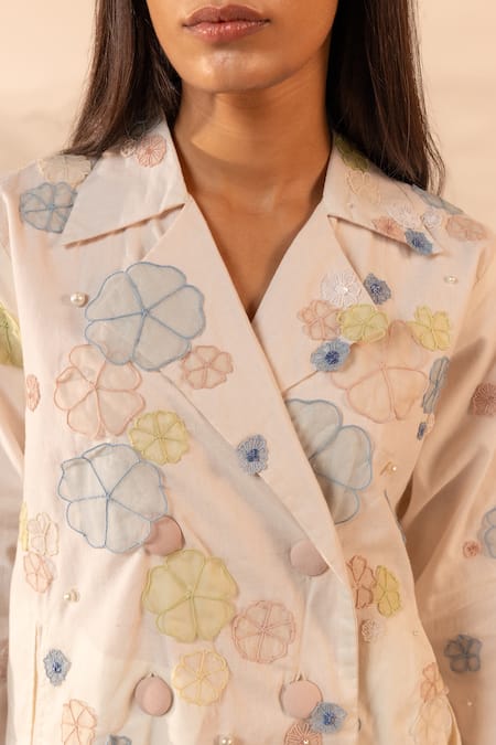 Ourdve_Off White Cotton Embroidery, Pearls Lush Floral Applique Double Breasted Jacket _at_Aza_Fashions
