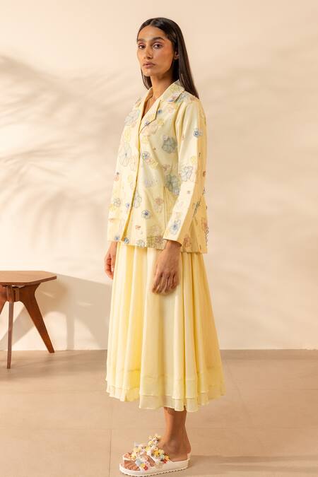 Ourdve_Yellow Cotton Lush Floral Applique Skirt _Online_at_Aza_Fashions