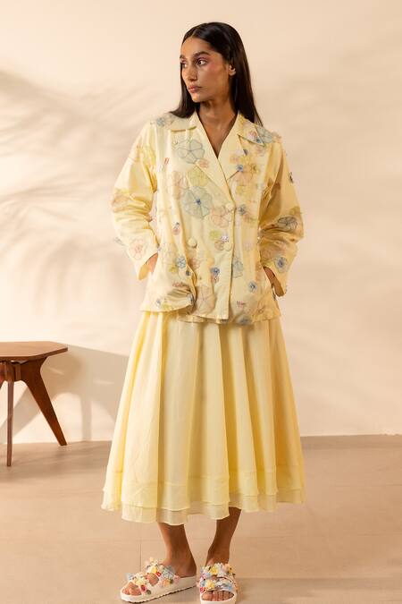 Buy_Ourdve_Yellow Cotton Lush Floral Applique Skirt _Online_at_Aza_Fashions