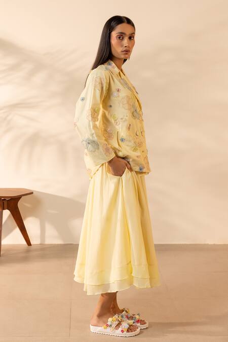 Buy_Ourdve_Yellow Cotton Applique, Lush Floral Double Breasted Jacket With Skirt _Online_at_Aza_Fashions