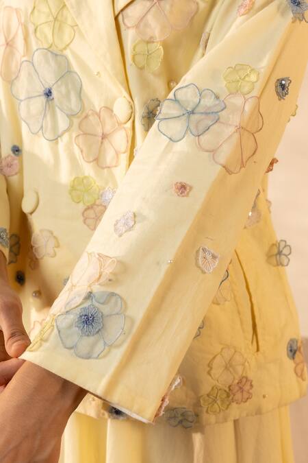 Shop_Ourdve_Yellow Cotton Applique, Lush Floral Double Breasted Jacket With Skirt _Online_at_Aza_Fashions