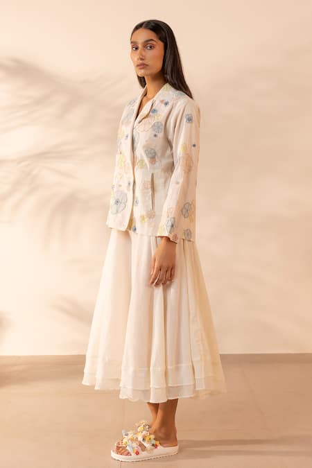 Ourdve_Beige Cotton Embroidery, Pearls V-neck Lush Floral Applique Jacket And Skirt Set _Online_at_Aza_Fashions