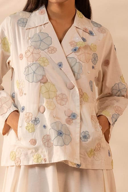 Buy_Ourdve_Beige Cotton Embroidery, Pearls V-neck Lush Floral Applique Jacket And Skirt Set _Online_at_Aza_Fashions