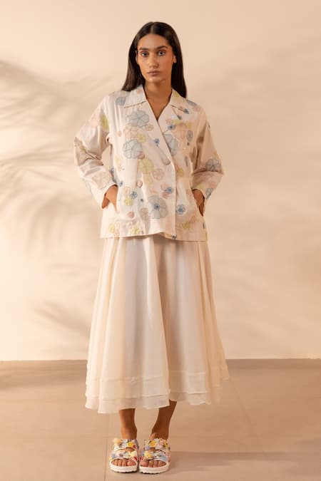 Ourdve Lush Floral Applique Jacket & Skirt Set 