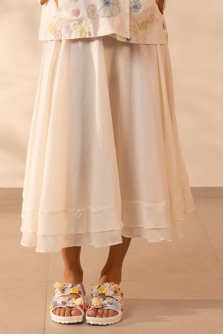 Shop_Ourdve_Beige Cotton Embroidery, Pearls V-neck Lush Floral Applique Jacket And Skirt Set _Online_at_Aza_Fashions