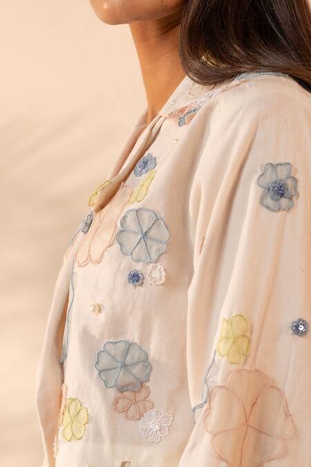 Ourdve_Beige Cotton Embroidery, Pearls V-neck Lush Floral Applique Jacket And Skirt Set _at_Aza_Fashions