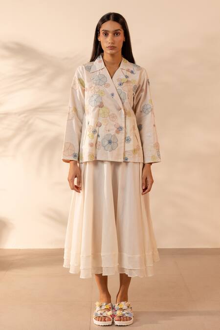 Buy_Ourdve_Beige Cotton Embroidery, Pearls V-neck Lush Floral Applique Jacket And Skirt Set 